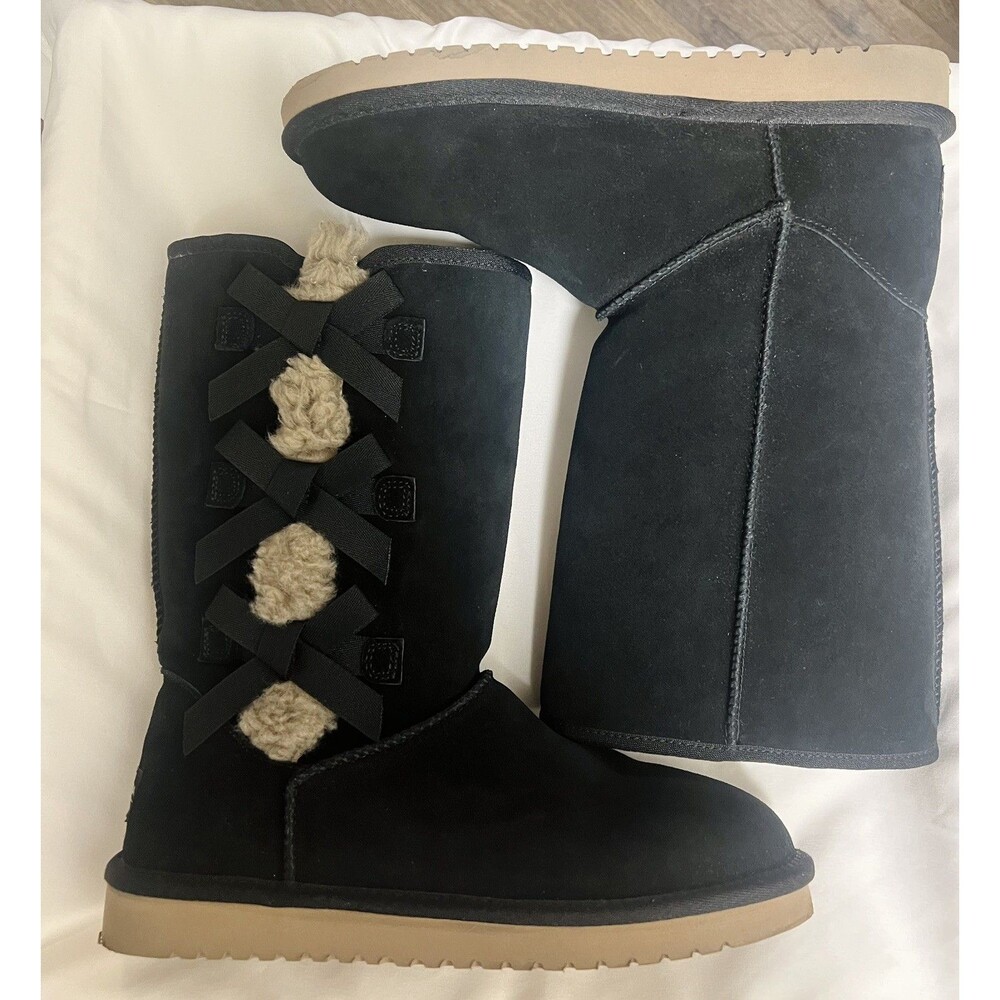 Koolaburra by UGG Victoria Black Suede Bow Mid Calf Boots 9 Fur Lined Cozy Chic